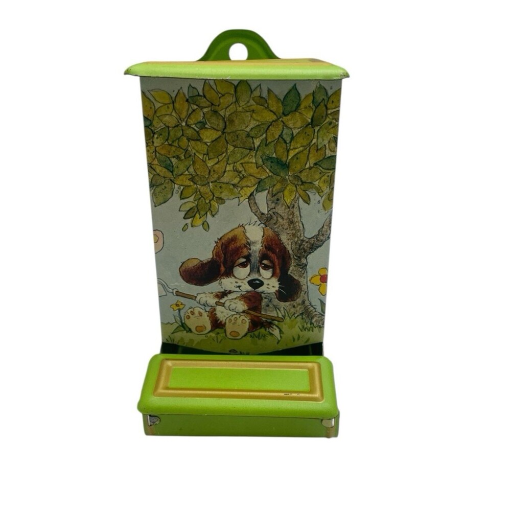 Vintage Jasco Tin Match Box Holder Anthropomorphic Dog Gardening Decor Hong Kong